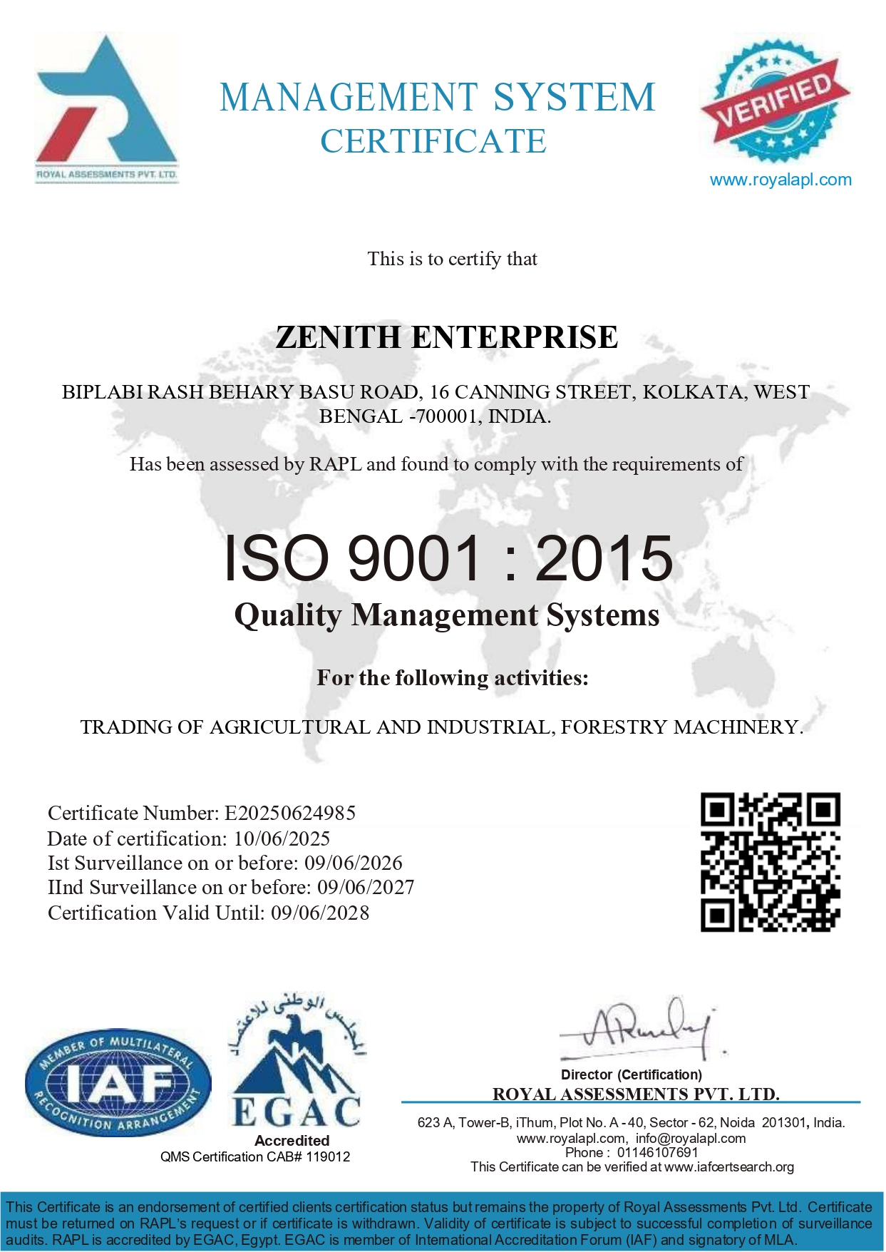 Zenith Enterprise ISO 9001:2015 Quality Management Certificate